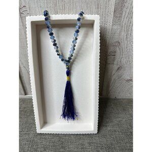 Blue Beaded & Sparkly Clear Rhinestone Necklace With Tassel Womens Fashion